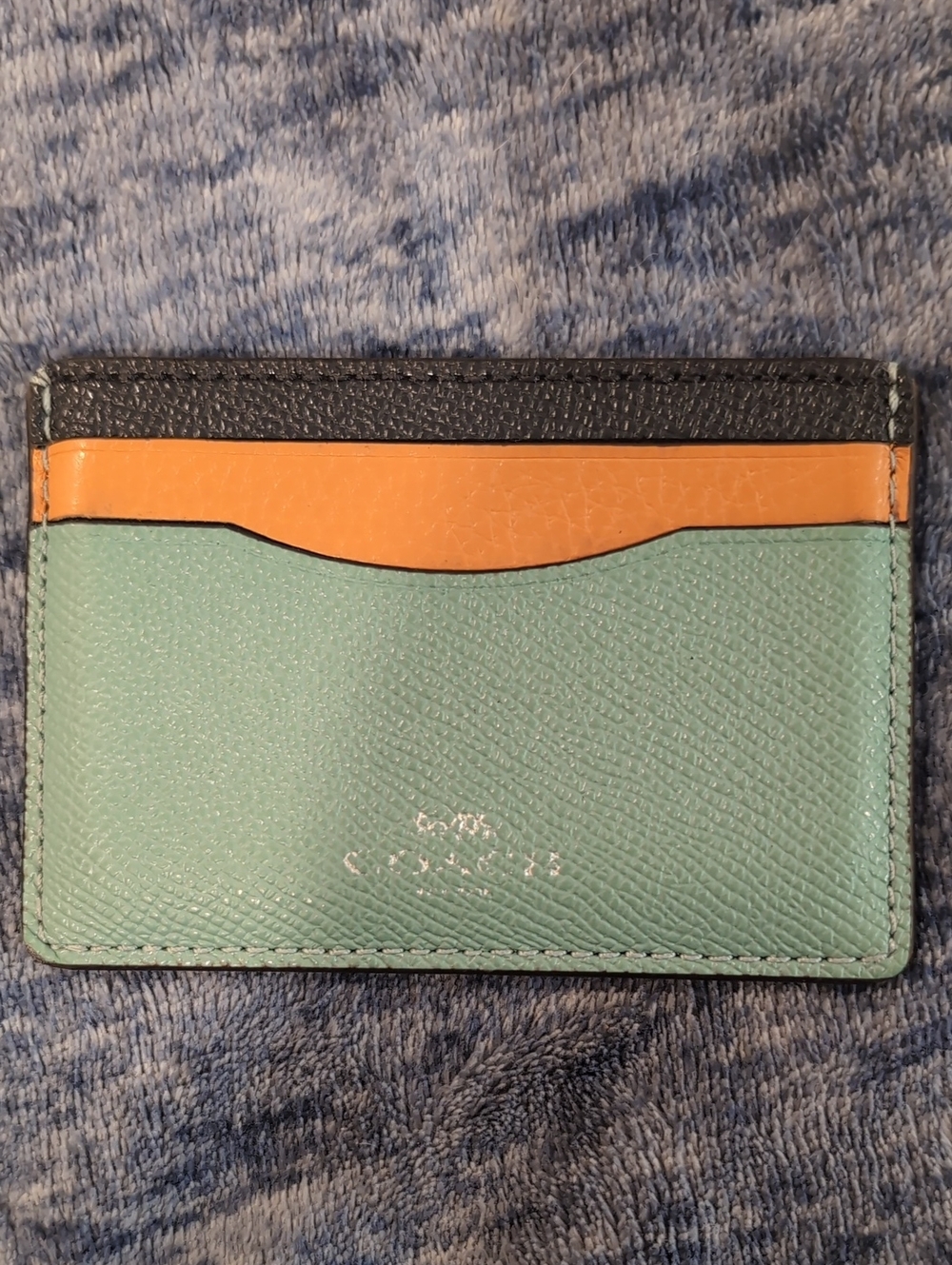 Coach Colorblock Leather Card Holder in Teal with Orange and Navy